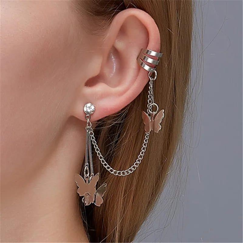 Silver Butterfly Hanging Ear Cuffs for Women
